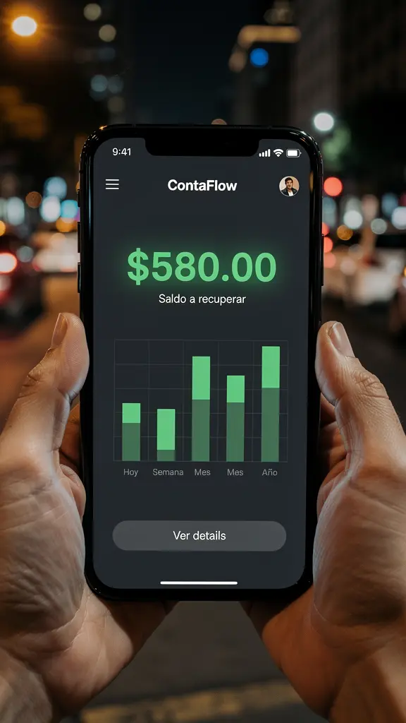 App ContaFlow en celular mostrando saldo a favor de $580 MXN para conductores del Régimen de Plataformas Tecnológicas